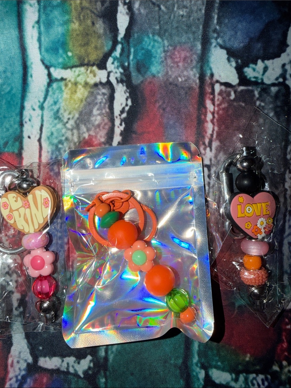 Orange Bead Flower Keychain Charm with Heart Accents